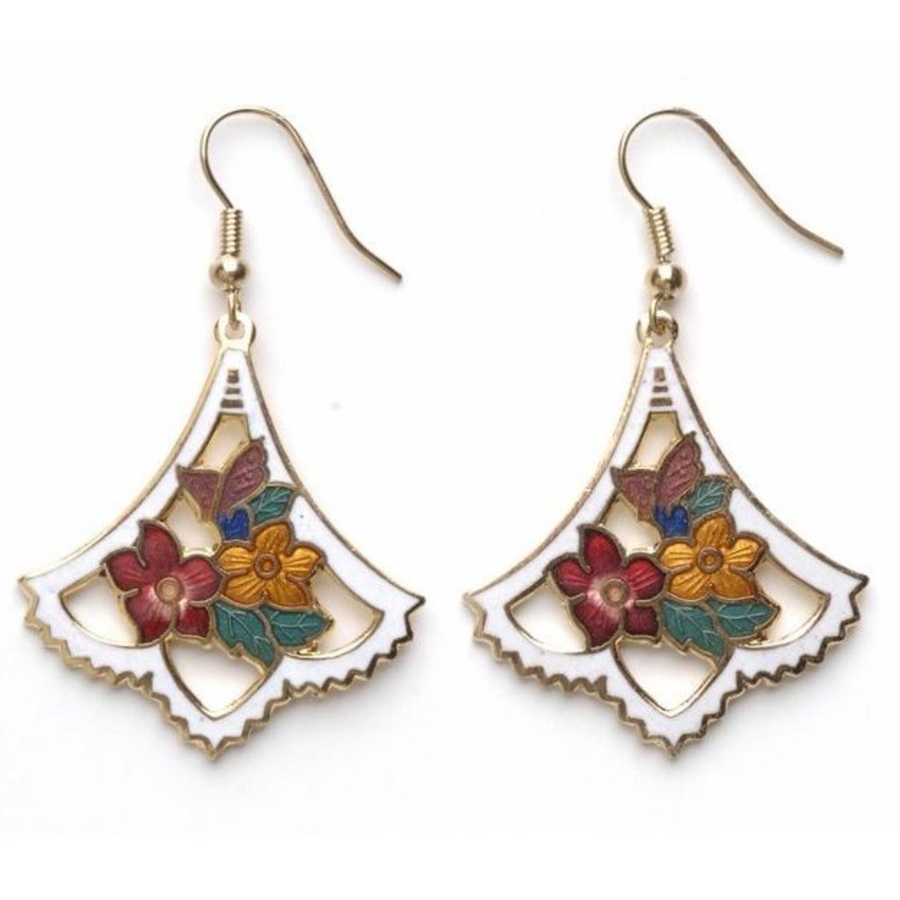 White Multi Color Flowers Design Cloisonne Enamel Painted Earrings